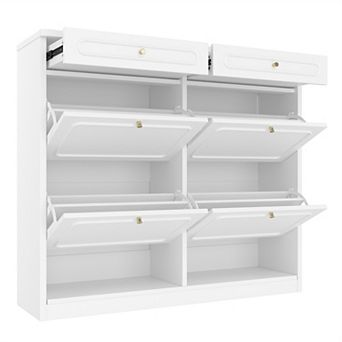 Wooden Shoe Cabinet, Shoe Rack with 4 Flip Drawers and 2 Storage Drawers for Entryway, Hallway