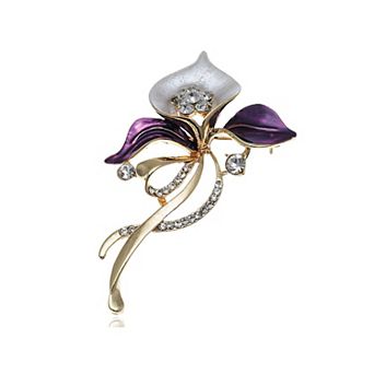 Royal Chic Golden Tone Silver Violet Enamel Rhinestone Flower Pin Brooch