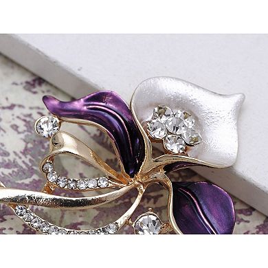 Royal Chic Golden Tone Silver Violet Enamel Rhinestone Flower Pin Brooch
