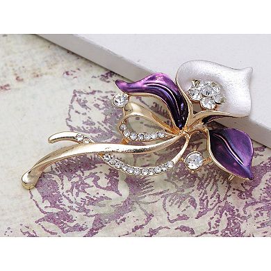 Royal Chic Golden Tone Silver Violet Enamel Rhinestone Flower Pin Brooch