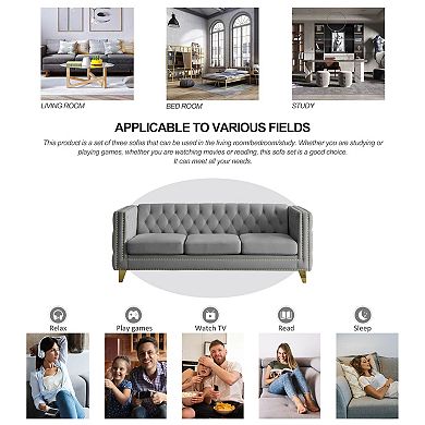 Pnronnc Modern Velvet Upholstered Buttons Sofa Couch, 3 Seat Tufted Couch with Metal Legs