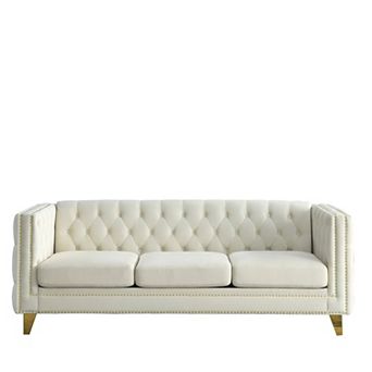 Pnronnc Modern Velvet Upholstered Buttons Sofa Couch, 3 Seat Tufted Couch with Metal Legs