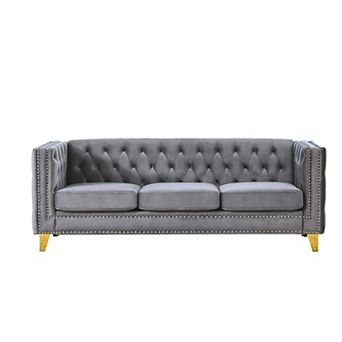 Pnronnc Modern Velvet Upholstered Buttons Sofa Couch, 3 Seat Tufted Couch with Metal Legs