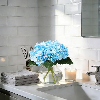 Artificial Hydrangea Flowers with Glass Vase & Fake Water - Faux Hydrangea for Home Decor