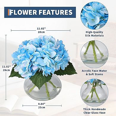 Artificial Hydrangea Flowers with Glass Vase & Fake Water - Faux Hydrangea for Home Decor