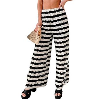 Womens Resort Stripe Knit Beach Pants Openwork Sun Protective Wide Leg High Waist Loose Fit Trousers