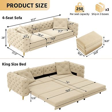 Pnronnc Convertible Sofa Bed, Velvet Deep Seat Sleeper Sofa Tufted 4 Seat Couch