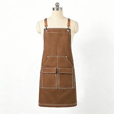 Cotton Kitchen Apron with Adjustable Cross Back Straps Multi Pocket Cooking Apron