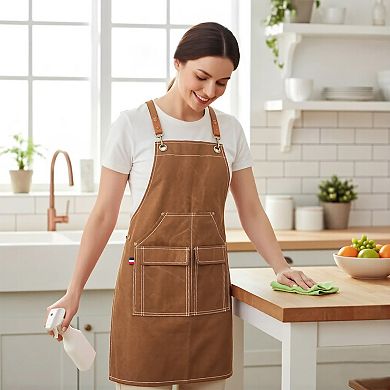 Cotton Kitchen Apron with Adjustable Cross Back Straps Multi Pocket Cooking Apron