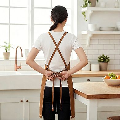 Cotton Kitchen Apron with Adjustable Cross Back Straps Multi Pocket Cooking Apron