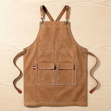 Cotton Kitchen Apron with Adjustable Cross Back Straps Multi Pocket Cooking Apron
