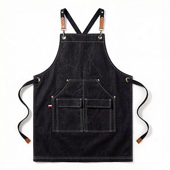 Cotton Kitchen Apron with Adjustable Cross Back Straps Multi Pocket Cooking Apron