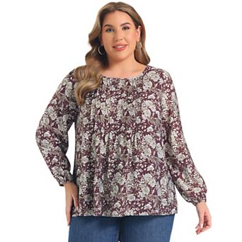 Women's Plus Size Tops Floral Printed Front Pintuck Crew Neck Lantern Sleeve Trendy Vacation Blouses