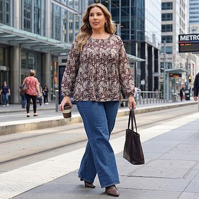 Women's Plus Size Tops Floral Printed Front Pintuck Crew Neck Lantern Sleeve Trendy Vacation Blouses