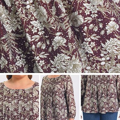 Women's Plus Size Tops Floral Printed Front Pintuck Crew Neck Lantern Sleeve Trendy Vacation Blouses