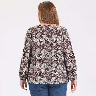 Women's Plus Size Tops Floral Printed Front Pintuck Crew Neck Lantern Sleeve Trendy Vacation Blouses