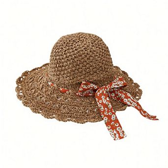 Women Woven Straw Sun Hat Wide Brim Lightweight Hat with Floral Ribbon Tie Detail