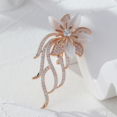 Floral Crystal Rhinestone Brooch Pin with Layered Petal Design