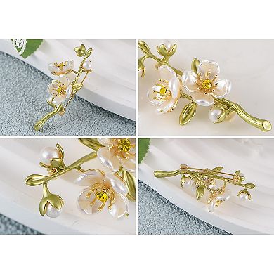 Elegant Cherry Blossom Flower Plant Brooch Lapel Pin Shell Pearl Leaf Brooches Pins
