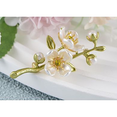 Elegant Cherry Blossom Flower Plant Brooch Lapel Pin Shell Pearl Leaf Brooches Pins