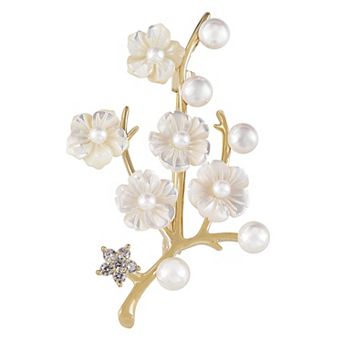 Elegant Cherry Blossom Flower Plant Brooch Lapel Pin Shell Pearl Leaf Brooches Pins