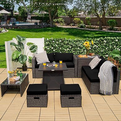 Costway 9PCS Patio Rattan Furniture Set Fire Pit Space-saving W/Cover Cushion cover