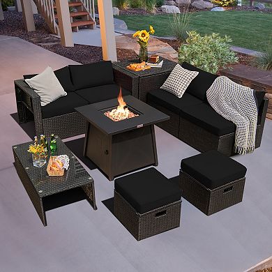 Costway 9PCS Patio Rattan Furniture Set Fire Pit Space-saving W/Cover Cushion cover