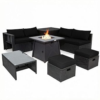 Costway 9 pc Patio Rattan Furniture Set Fire Pit Space-saving W/Cover Cushion cover