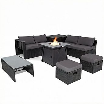 Costway 9 pc Patio Rattan Furniture Set Fire Pit Space-saving W/Cover Cushion cover
