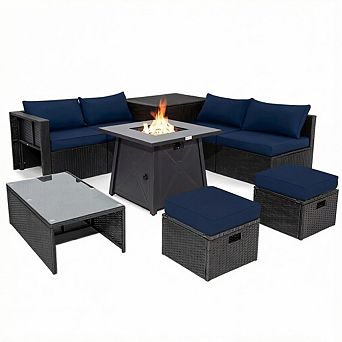 Costway 9 pc Patio Rattan Furniture Set Fire Pit Space-saving W/Cover Cushion cover
