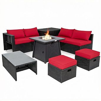 Costway 9 pc Patio Rattan Furniture Set Fire Pit Space-saving W/Cover Cushion cover