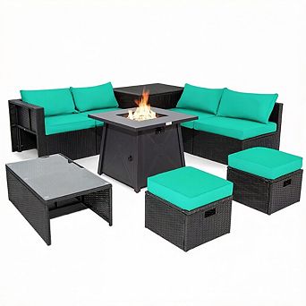 Costway 9 pc Patio Rattan Furniture Set Fire Pit Space-saving W/Cover Cushion cover