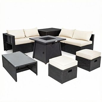 Costway 9 pc Patio Rattan Furniture Set Fire Pit Space-saving W/Cover Cushion cover
