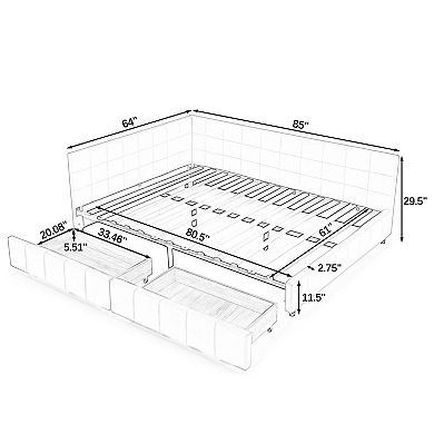 Pnronnc Queen Size Daybed Frame Velvet Upholstered Sofa Bed with Tufted Backrest and 2 Drawers