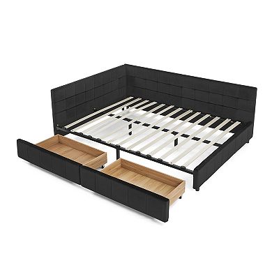 Pnronnc Queen Size Daybed Frame Velvet Upholstered Sofa Bed with Tufted Backrest and 2 Drawers