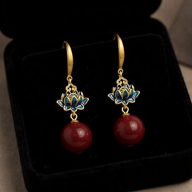 Lotus Drop Earrings with Delicate Petal Motif and Smooth Round Bead Accent