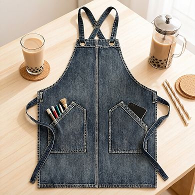 Denim Style Work Apron with Dual Front Pockets Utility Apron for Kitchen Cafe Workshop and Home Use