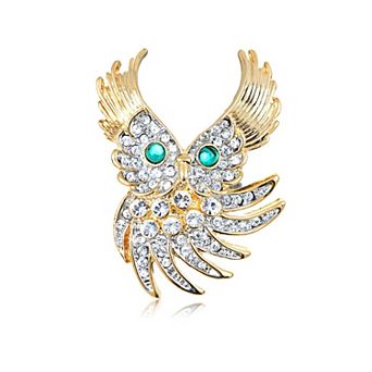 Clear Crystal Rhinestones Gold Tone Hooting Owl Pin Bridal Bouquet Brooch