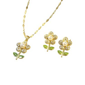Women's Floral Necklace and Earring Set with Pearl Center and Crystal Petal Details 15.5+2in