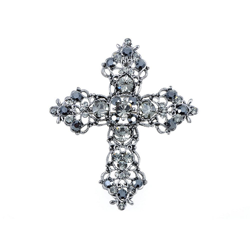 Silvery Tone Grey Rhinestones Gothic Cutout Cross Brooch Pin