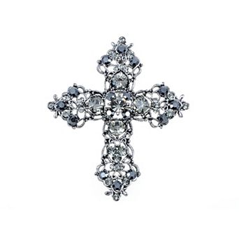 Silvery Tone Grey Rhinestones Gothic Cutout Cross Brooch Pin