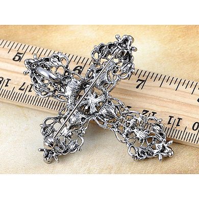 Silvery Tone Grey Rhinestones Gothic Cutout Cross Brooch Pin