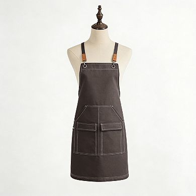 Cotton Kitchen Apron with Cross Back Straps Multi Pocket Utility Apron for Cooking Baking Craft