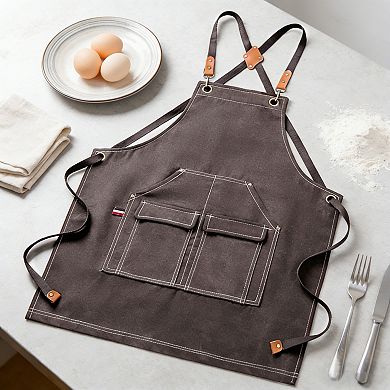 Cotton Kitchen Apron with Cross Back Straps Multi Pocket Utility Apron for Cooking Baking Craft