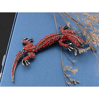Gunmetal Tone Shine Ruby Crystal Rhinestones Lizard Gecko Animal Brooch Pin