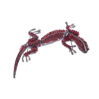 Gunmetal Tone Shine Ruby Crystal Rhinestones Lizard Gecko Animal Brooch Pin