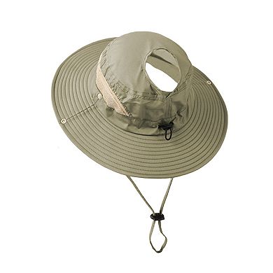 Women Wide Brim Sun Hat with Ponytail Opening Adjustable Chin Strap Breathable Mesh Panel
