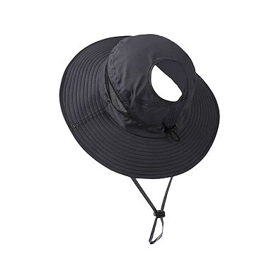Women Wide Brim Sun Hat with Ponytail Opening Adjustable Chin Strap Breathable Mesh Panel