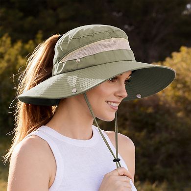 Women Wide Brim Sun Hat with Ponytail Opening Adjustable Chin Strap Breathable Mesh Panel