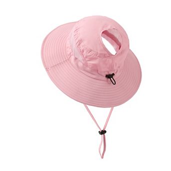 Women Wide Brim Sun Hat with Ponytail Opening Adjustable Chin Strap Breathable Mesh Panel